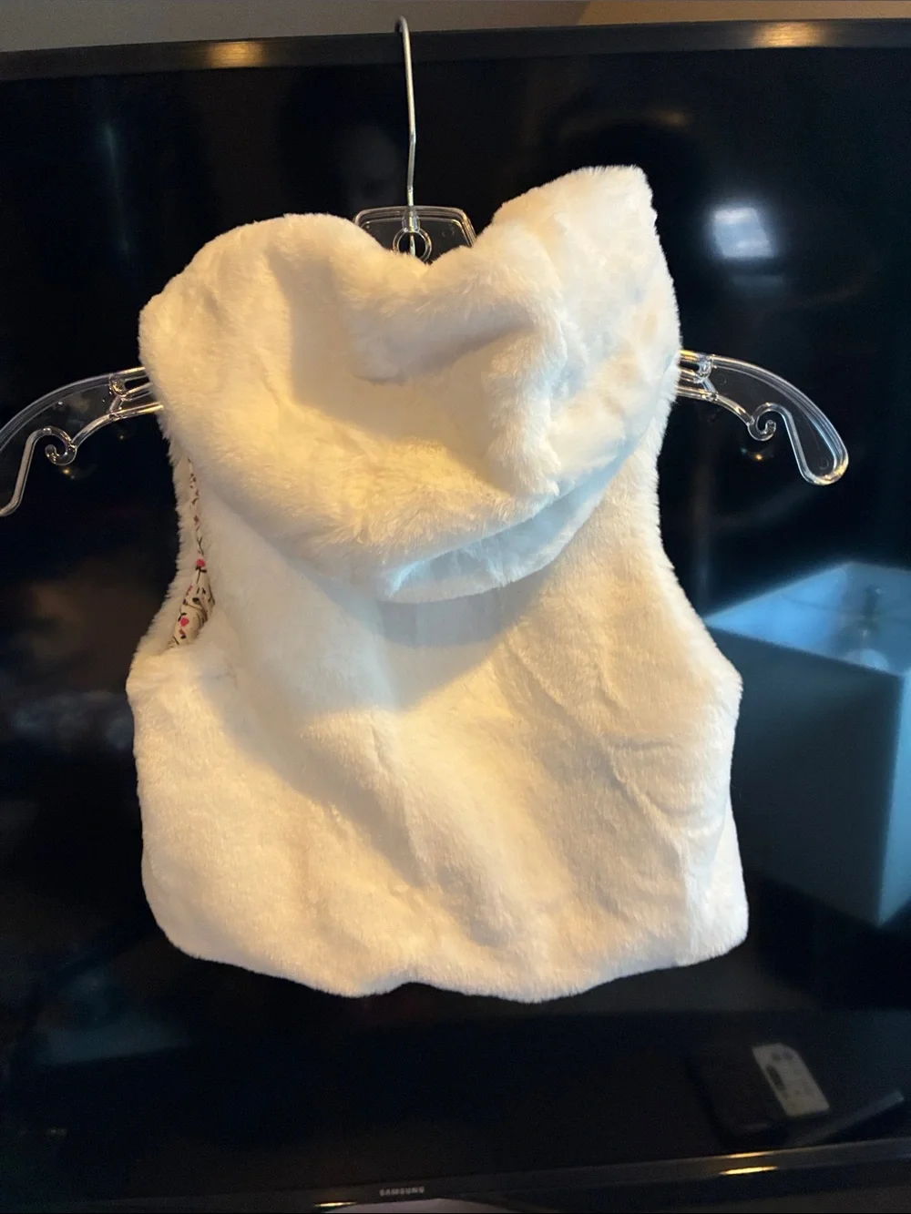 White Faux Fur Hooded Vest with Floral Lining